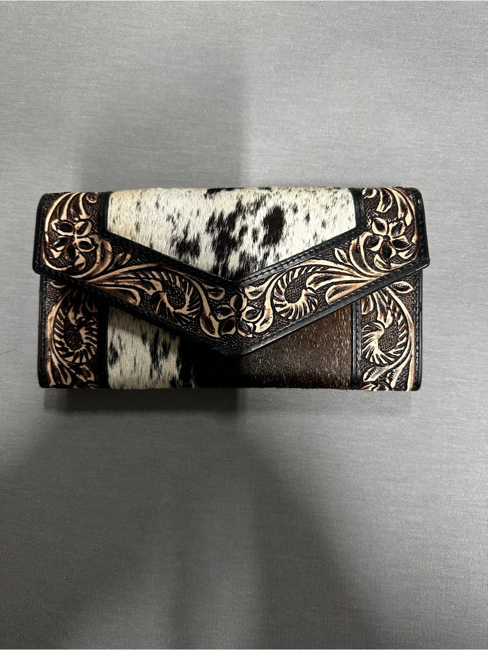 Western Tooled Hair-On Hide Wallet in Black, White and Tan